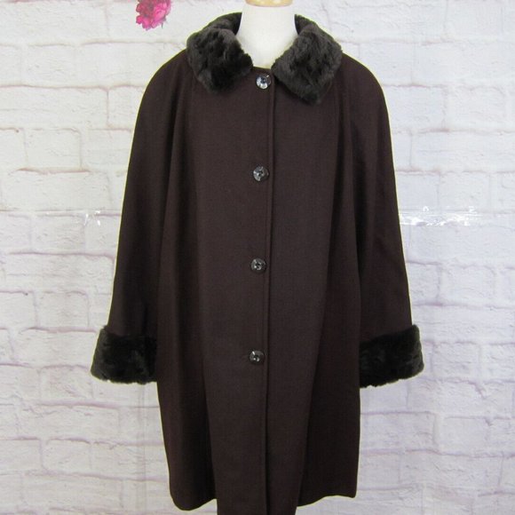 Apostrophe Woman size 2X Brown Wool Blend Coat Faux Fur Trim Mid-Length Formal - Picture 1 of 8